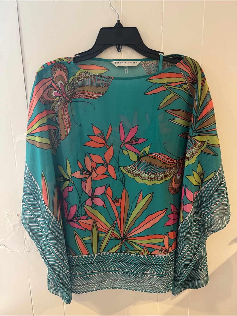 Trina Turk Teal Tropical Floral Butterfly Blouse